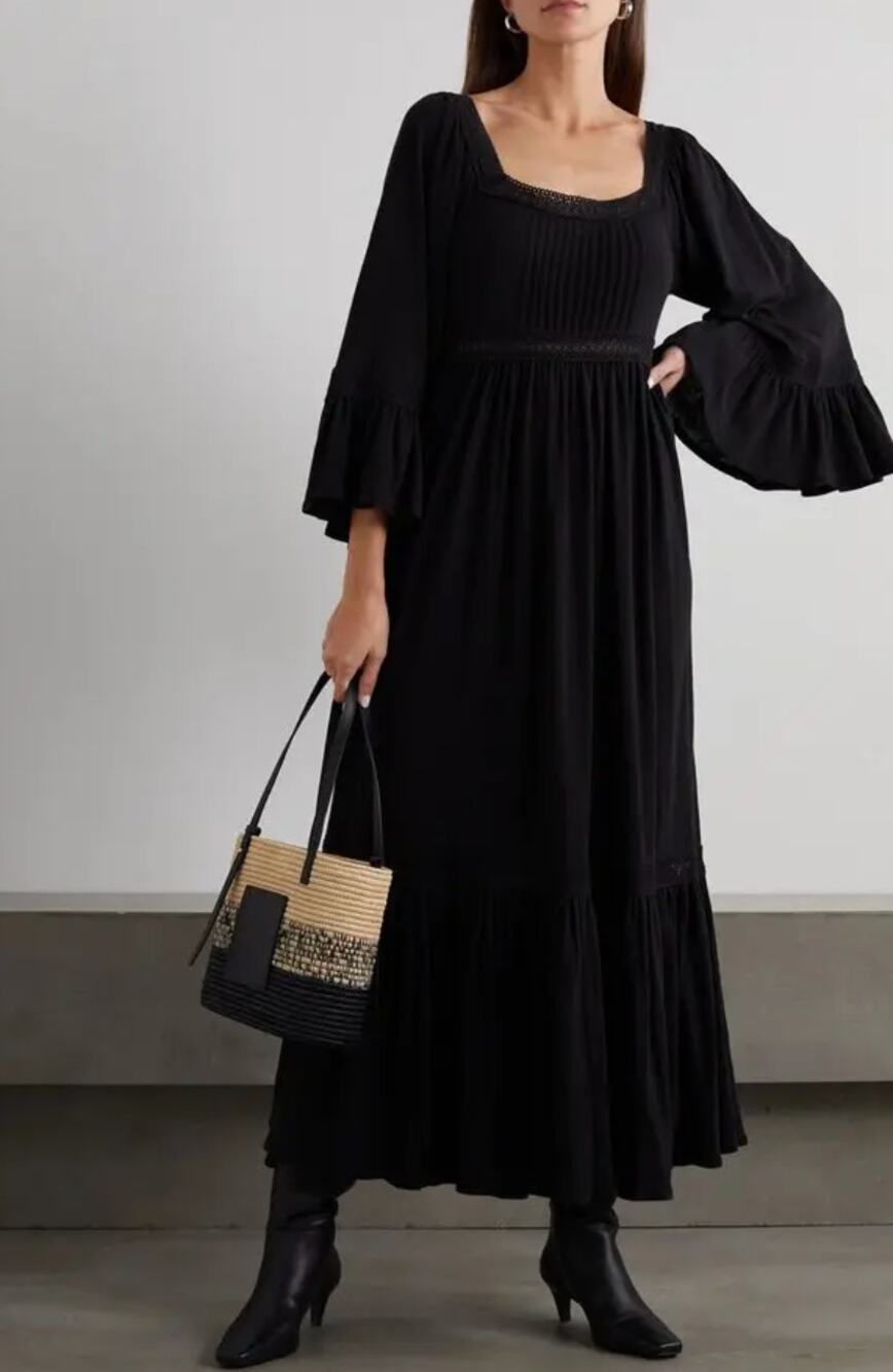 See By Chloe Crocheted Lace Trimmed Cotton Jersey Maxi Dress Boho Black XS NWT
